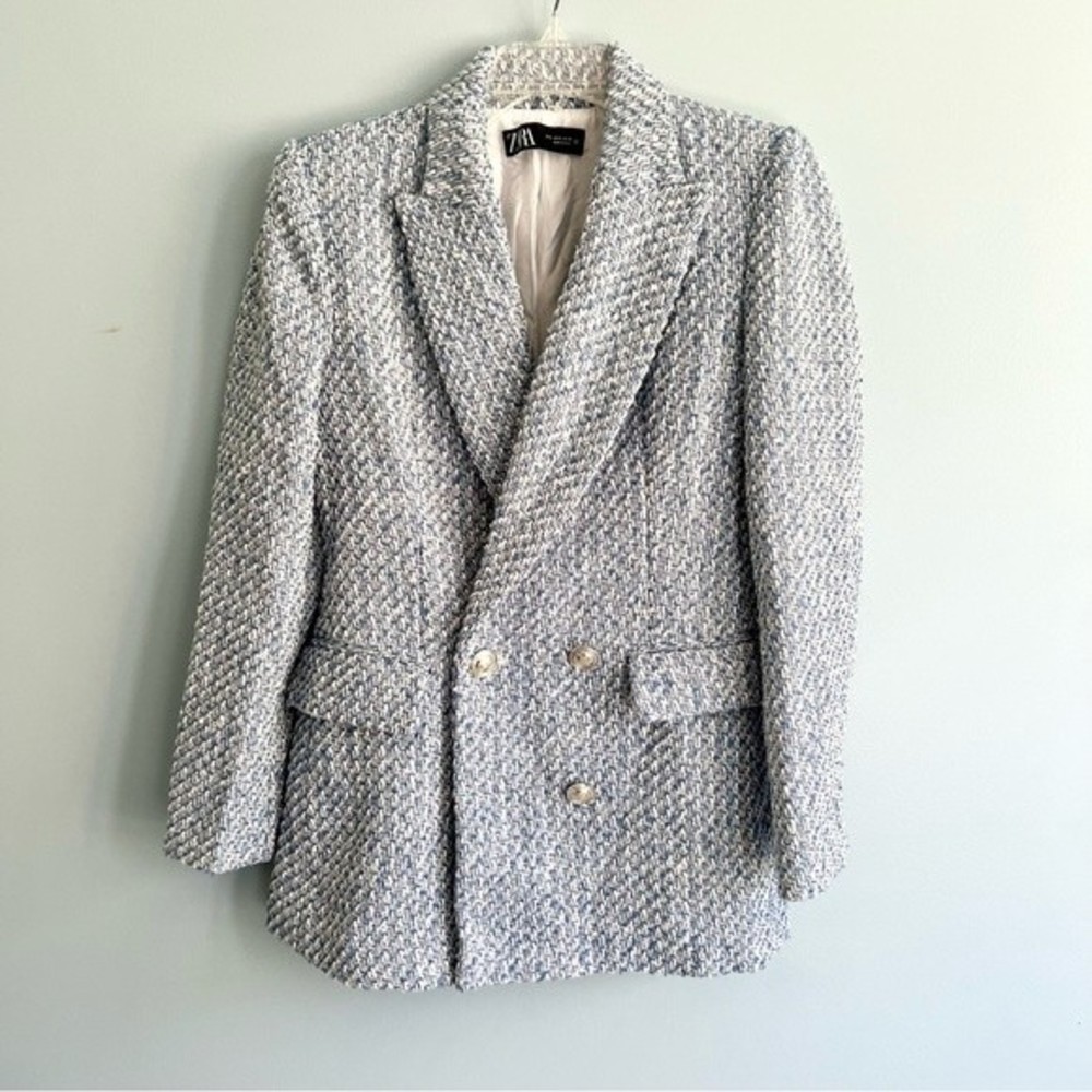 Zara Tweed Button Front Blazer Coat in Blue and White